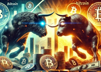 featuring two bulls facing off against each other symbolizing the clash of opinions in the cryptocurrency market. The scene should in