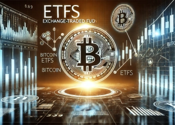 focused on the concept of ETFs Exchange Traded Funds with a cryptocurrency theme Include symbols of ETFs and Bitcoin with digital