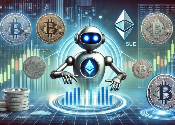 focused on trading bot services with a representation of automated cryptocurrency trading. The image includes symbols of altcoins li