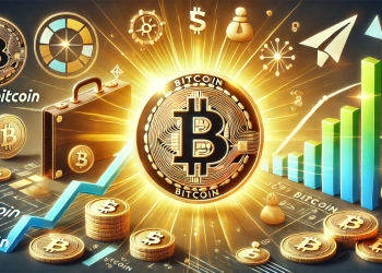 focusing on the benefits of Bitcoin for investors. The Bitcoin symbol should be at the center radiating light or energy to