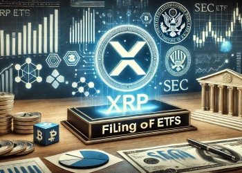 focusing on the filing of XRP ETFs in the US. The scene should prominently feature a high quality XRP logo along with symbols