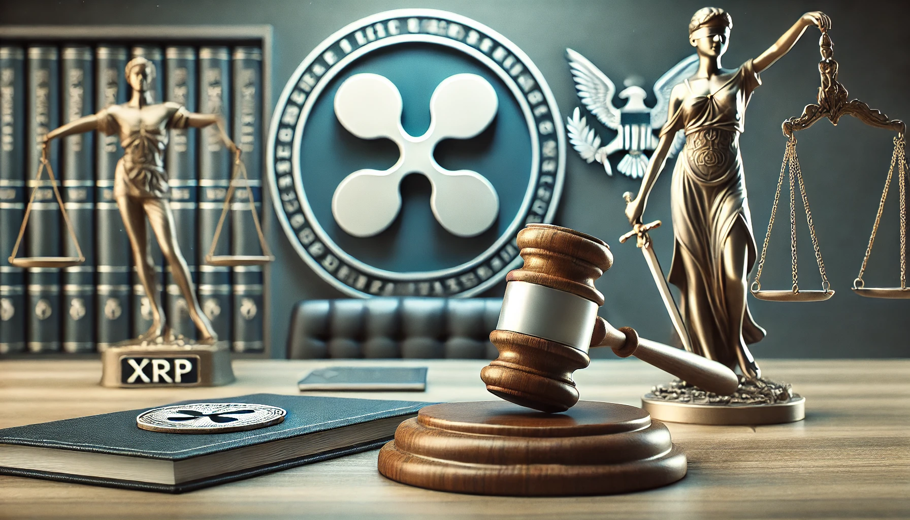 focusing on the legal battle between Ripple and the SEC. The scene includes the Ripple and SEC logos prominently with