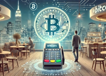 illustrating Bitcoin as a mainstream payment tool in 2030. Depict Bitcoin logos integrated into daily transactions such as in a di