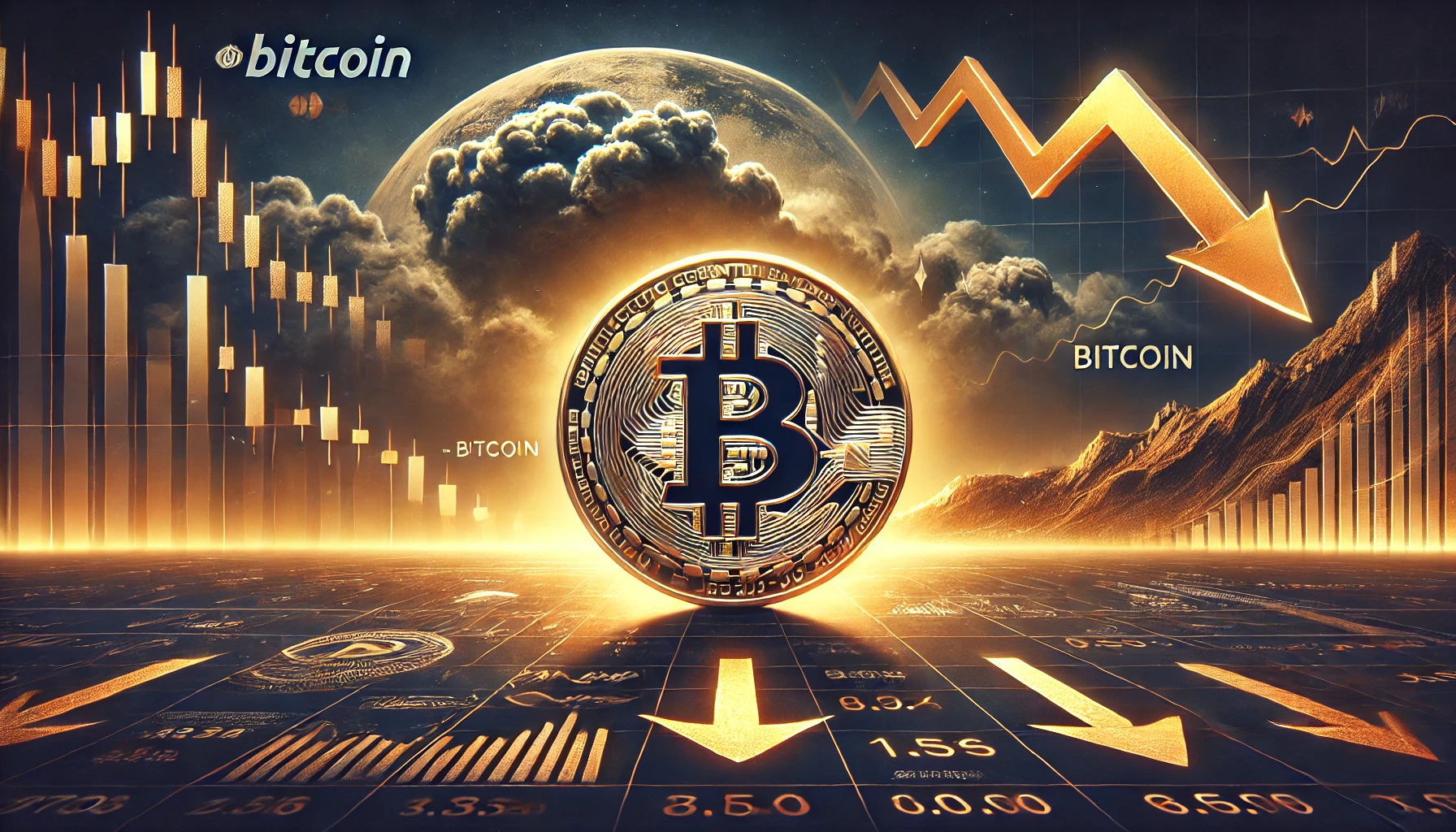 illustrating Bitcoin facing potential decline after a recent surge. The central focus is the Bitcoin symbol near a peak with subtle