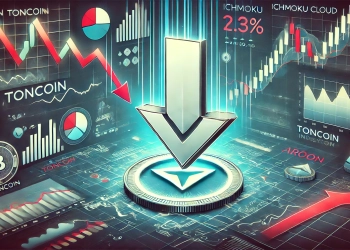 illustrating Toncoin is recent price drop and technical analysis. The scene includes the Toncoin logo with a downward arrow