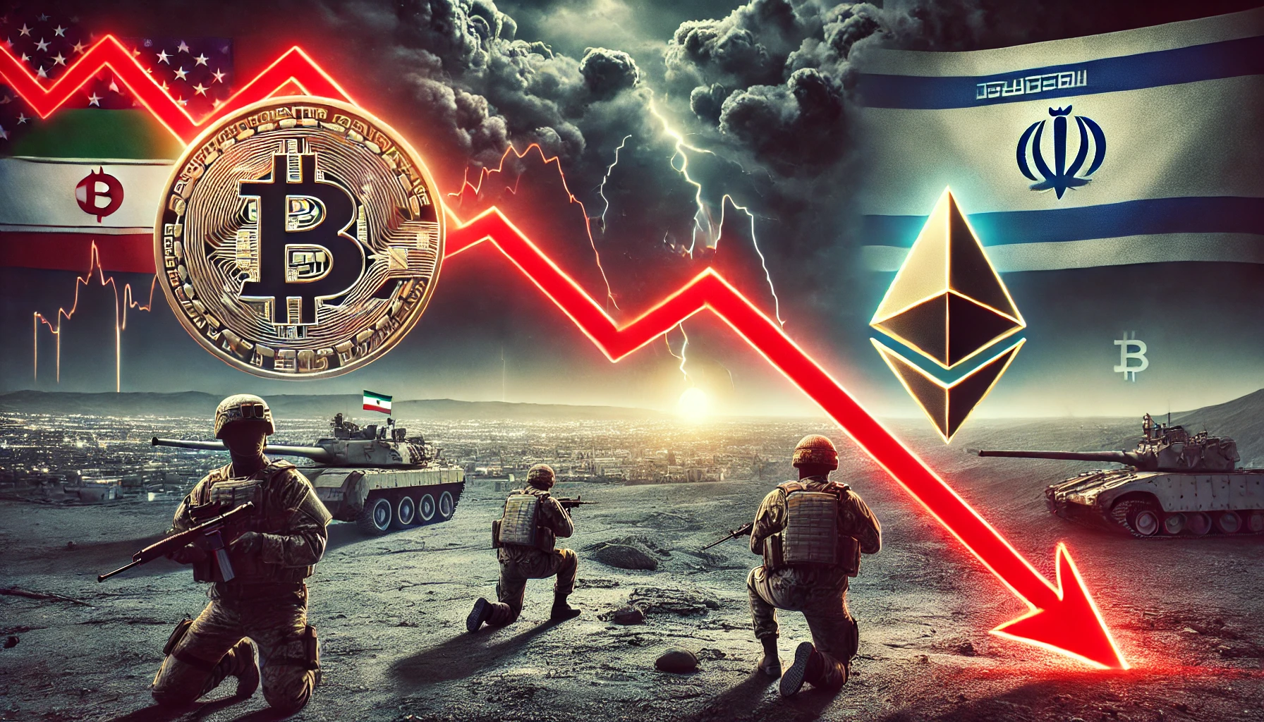 illustrating the impact of geopolitical tensions on cryptocurrency markets On one side Bitcoin and Ethereum symbols are shown with r