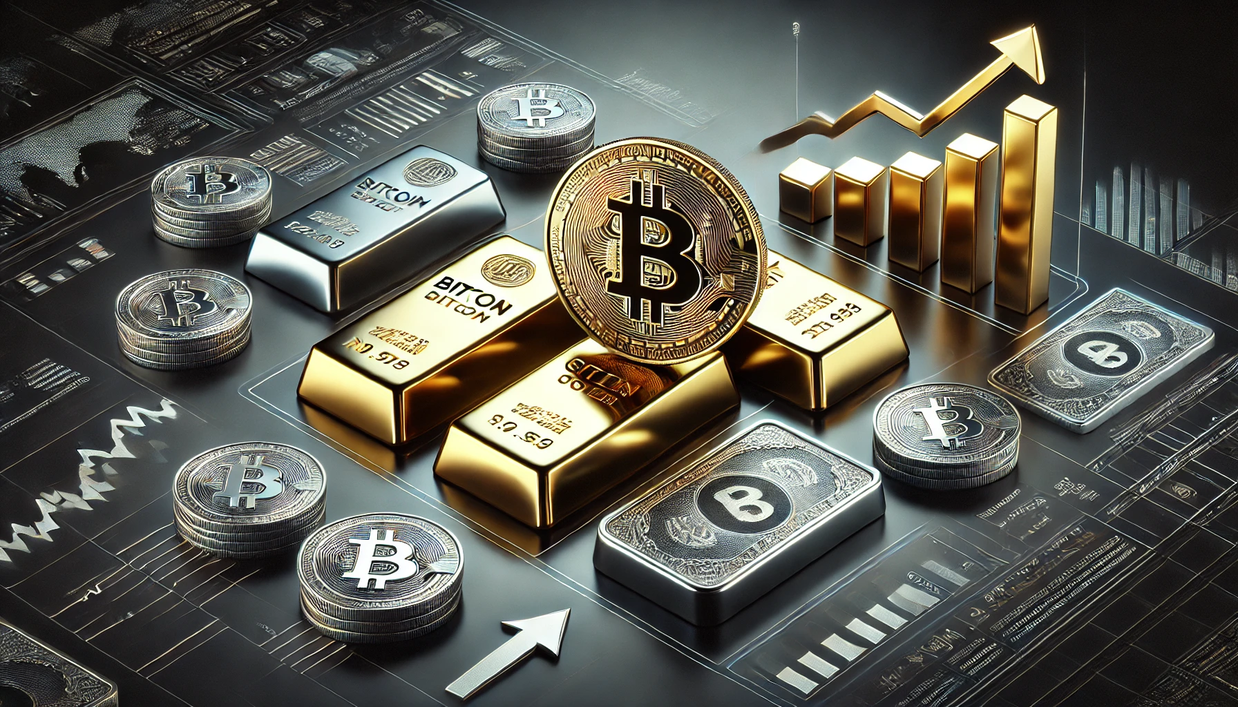 investment advice centered on Bitcoin gold and silver. The visual should feature a symbolic representation of Bitcoin gold bars