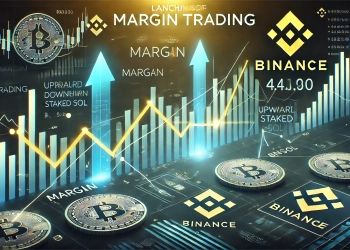 launch of margin trading on Binance. The focus is on financial trading charts with margin lines upward and downward arrows