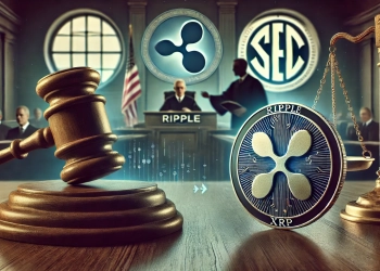 legal battle between Ripple and the SEC. The focus is on a courtroom setting with legal symbols such as a gavel and scales