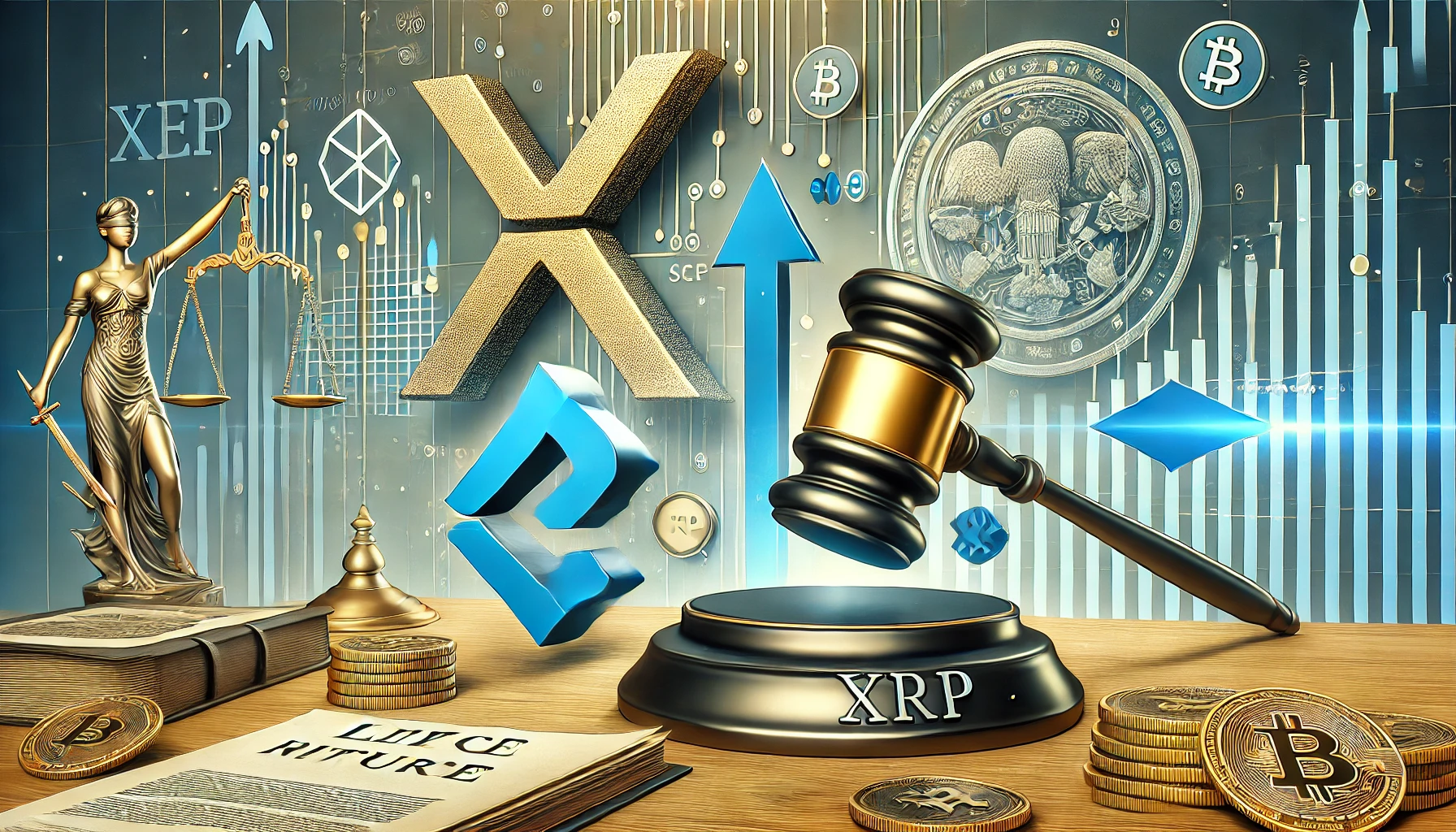 legal battle between a crypto exchange and the SEC over XRP futures. The image features symbols of XRP and legal elements li