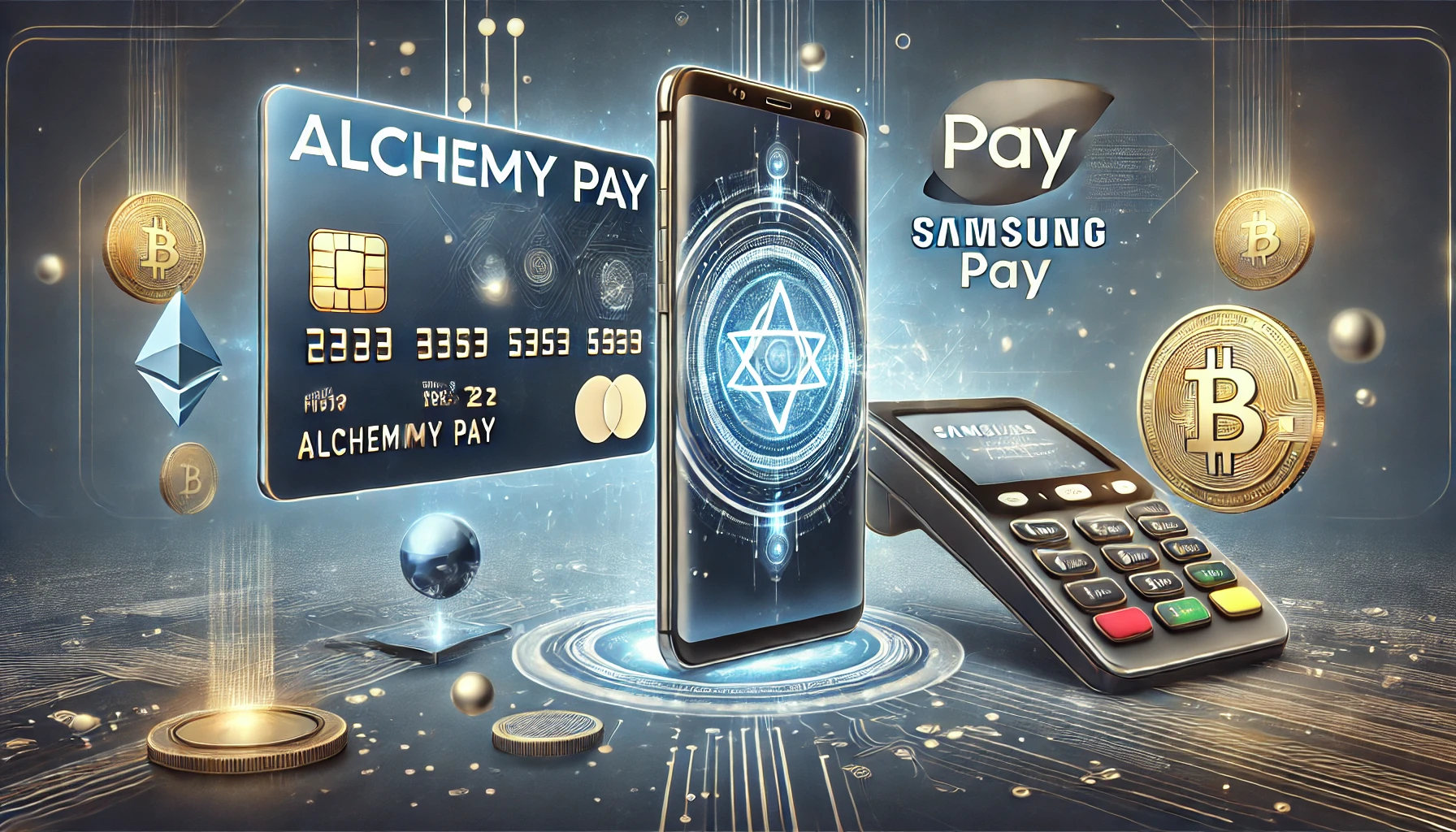 partnership between Alchemy Pay and Samsung Pay. The visual showcases the Alchemy Pay logo alongside Samsung