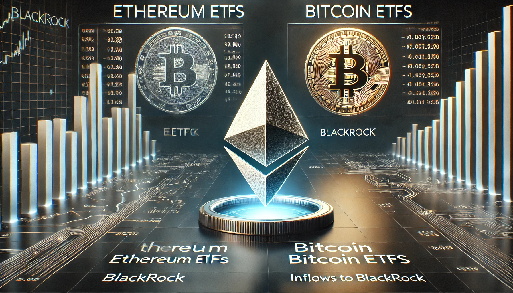 professional visual representing the performance comparison between Ethereum and Bitcoin ETFs Focus on Ethereums symbol with financial