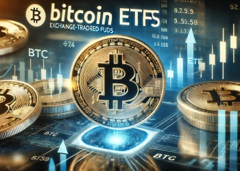 representation of Bitcoin ETFs highlighting Bitcoin BTC and its connection to the exchange traded funds ETFs. The image should f