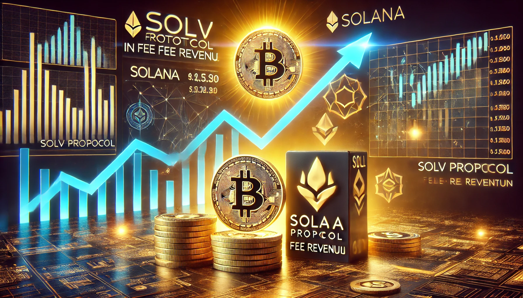 representation of Solv Protocol surpassing Solana in fee revenue The scene should feature a bold visual comparison between