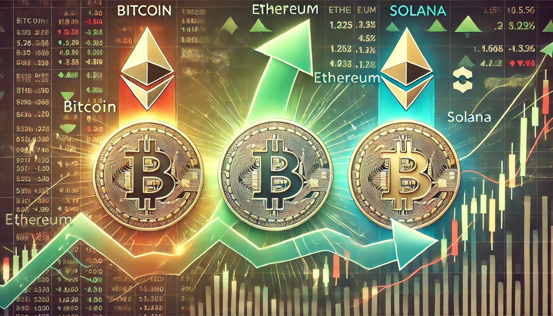 representation of the market analysis for Bitcoin Ethereum and Solana showcasing mixed signals The image features the logos of Bitcoin E