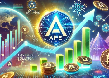 representing ApeCoin is APE recent surge and the launch of ApeChain. The image features the ApeCoin logo prominently with upward pri