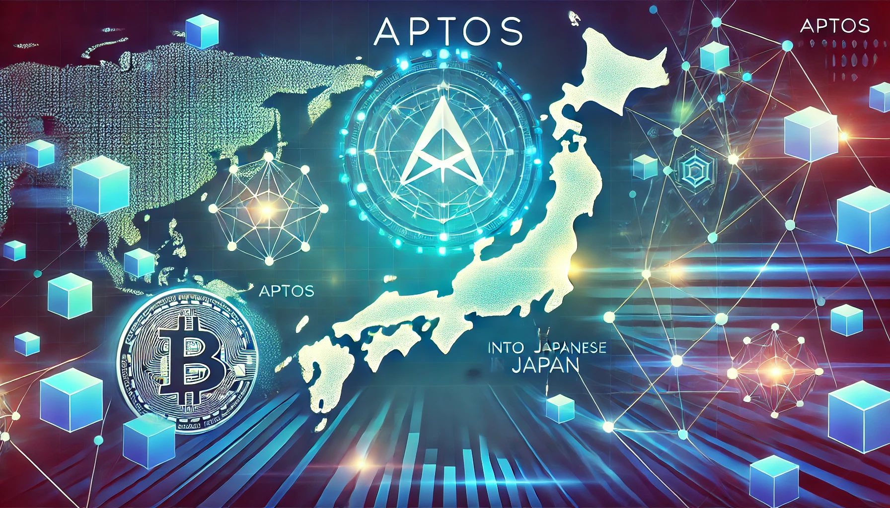 representing Aptos expansion into the Japanese market featuring blockchain elements and a map of Japan The image should include vibran