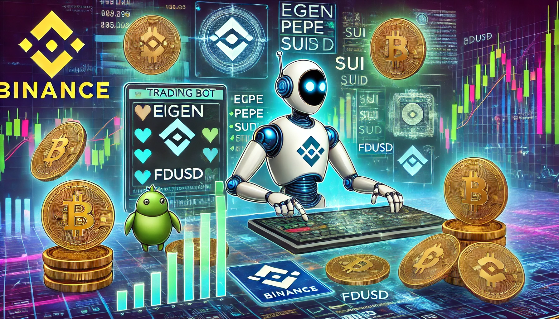 representing Binance launching new trading bot services for altcoin pairs. The image features symbols for EIGEN PEPE SUI and FDUSD