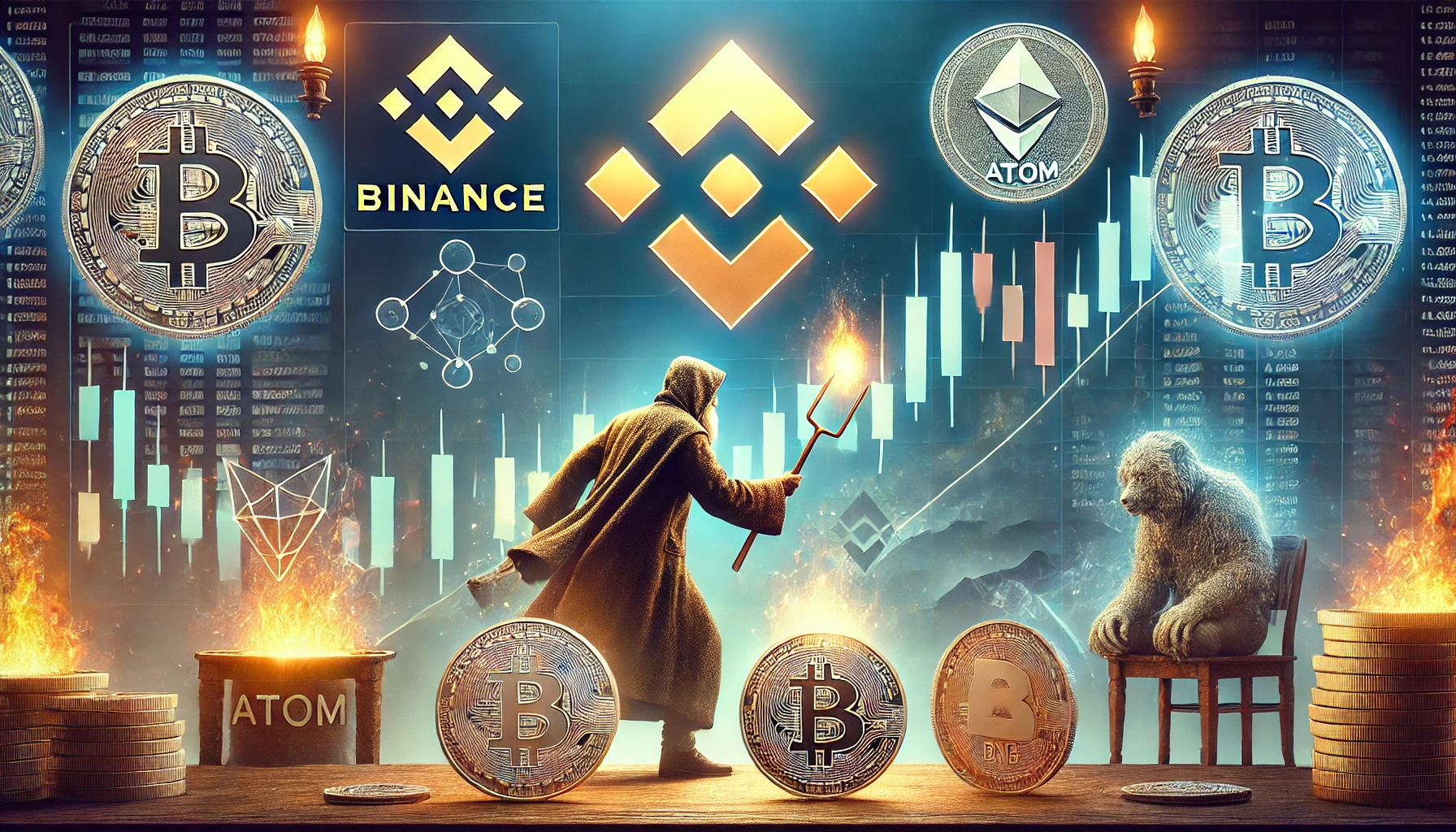 representing Binances announcement of delisting 4 altcoin trading pairs. The scene should feature the Binance logo symbols of t