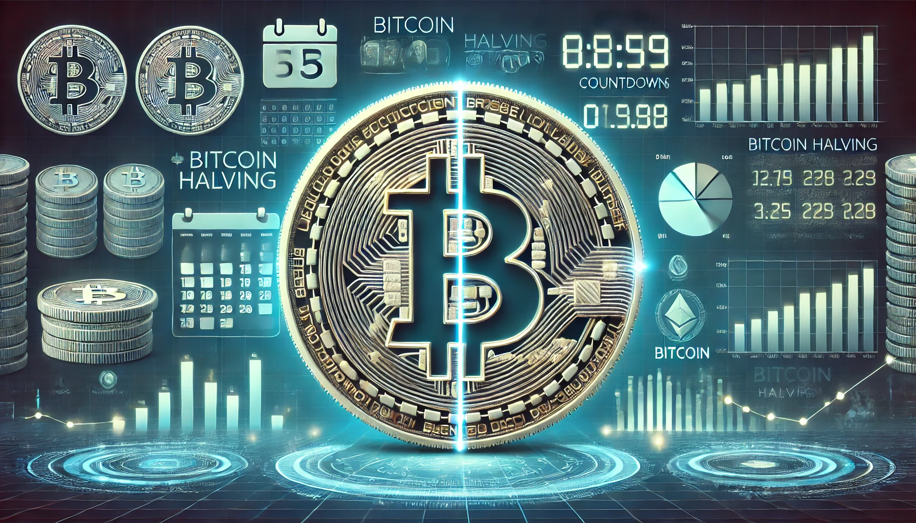 representing Bitcoin halving also known as Bitcoin supply reduction. The image features a large Bitcoin symbol with a divis