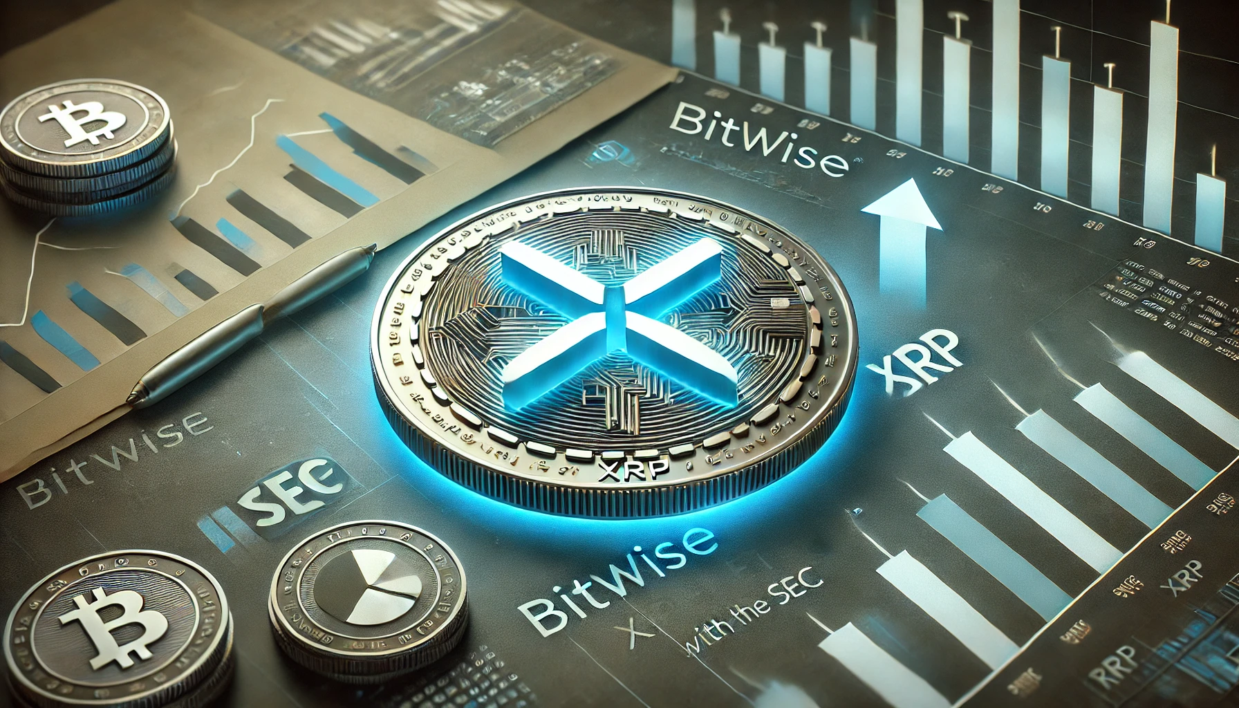 representing Bitwise is updated XRP ETF filing with the SEC. The focus is on the XRP coin symbol glowing and standing promine