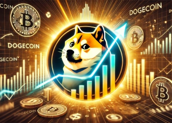 representing Dogecoin is strong upward trend and investor interest. Show Dogecoins logo with upward trend lines symbol