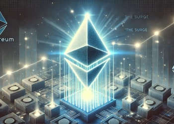 representing Ethereum is The Surge update. The central focus is the Ethereum logo glowing brightly surrounded by digital e