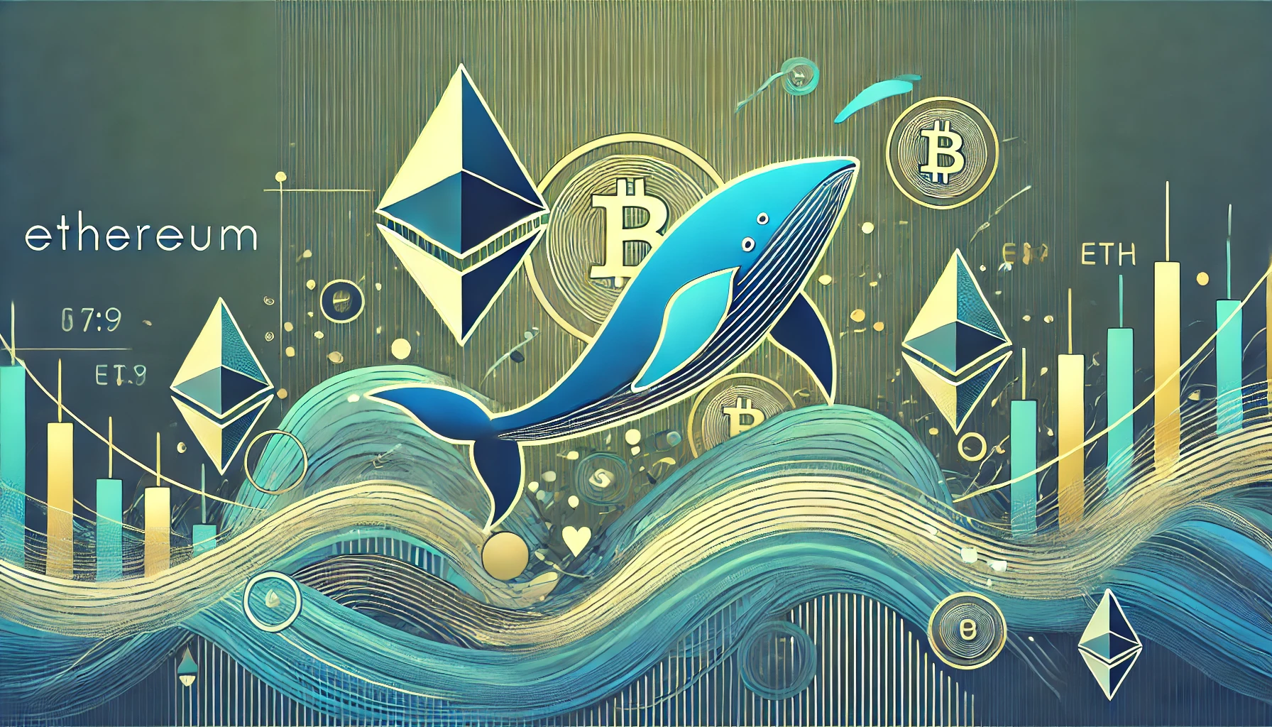 representing Ethereum whales making big moves symbolizing a large sale and purchase of ETH The visual should feature abstract