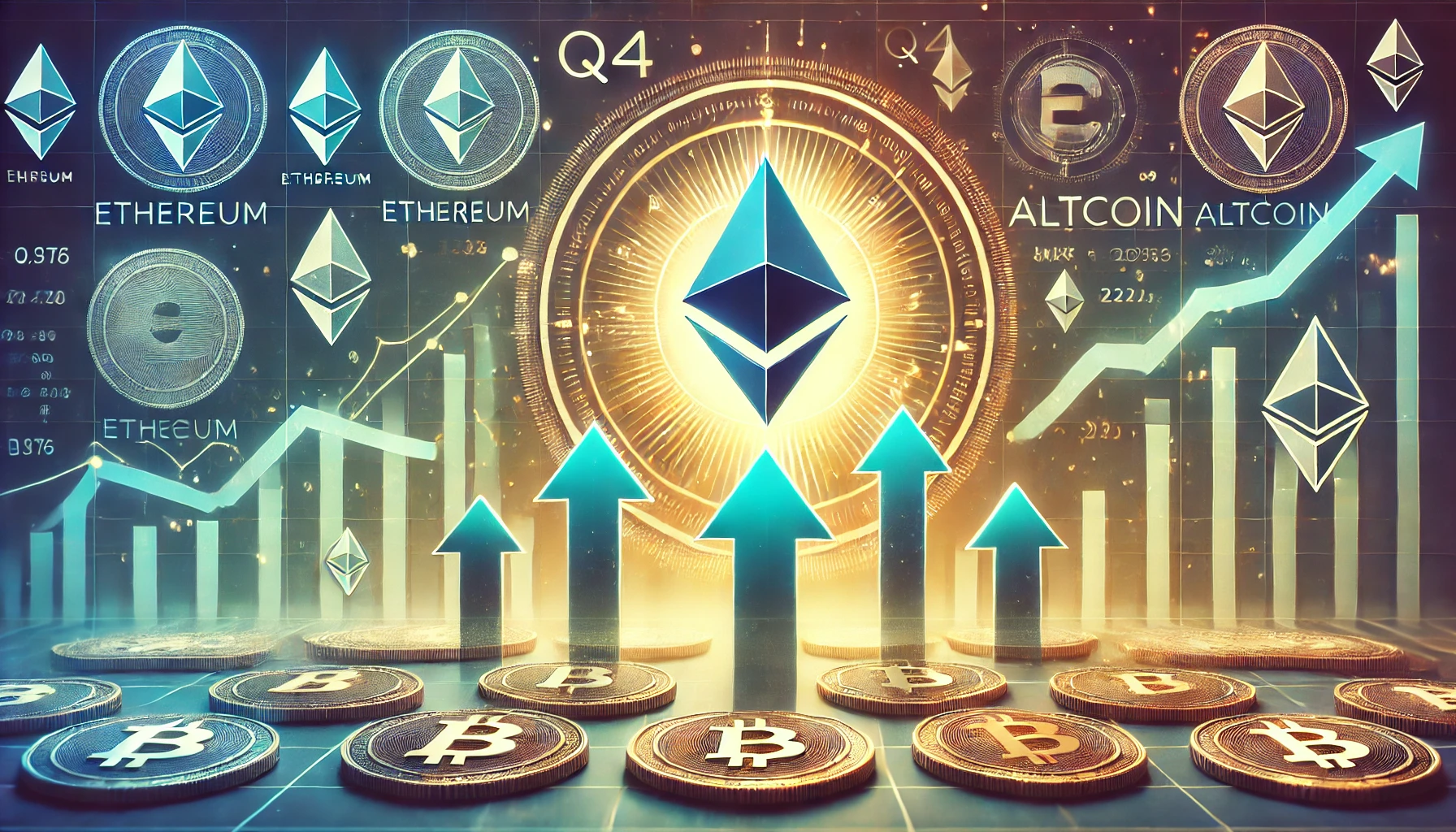 representing Ethereums strong Q4 performance and altcoins mixed results The central focus should be the Ethereum logo r