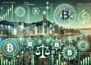 representing Hong Kong is green light for full licensing of cryptocurrency exchanges. The image features a futuristic citysca