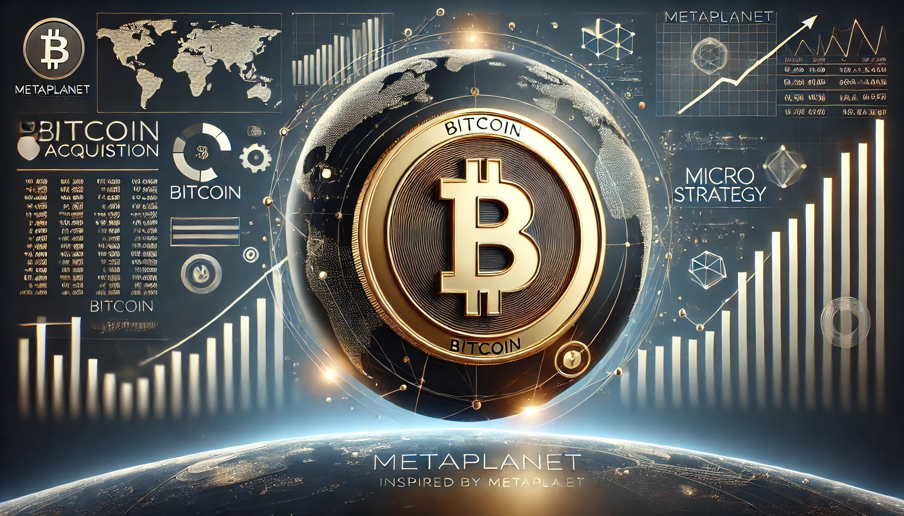 representing Metaplanet is major Bitcoin acquisition inspired by MicroStrategy. The image should feature the Bitcoin symbol p