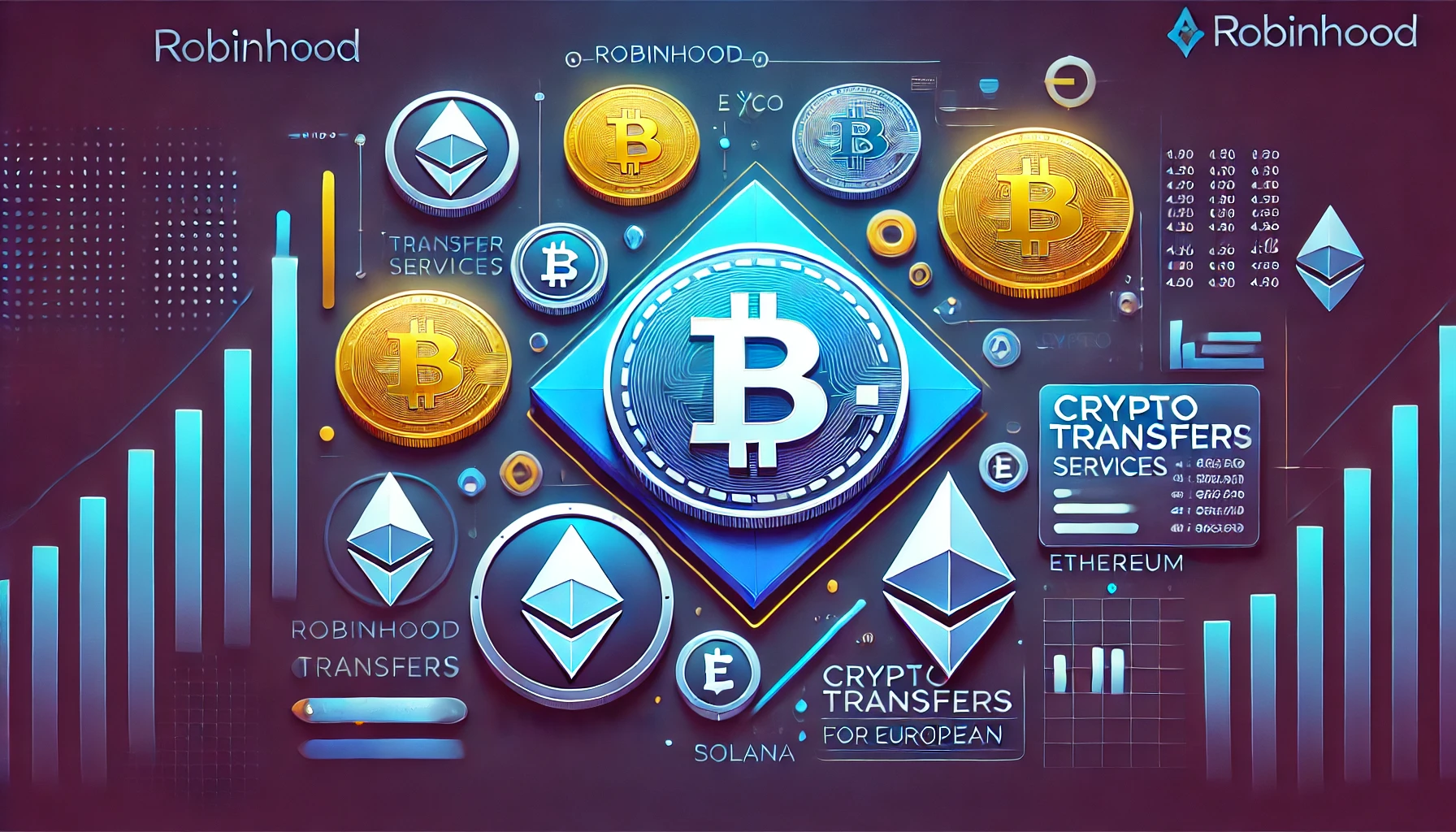 representing Robinhoods launch of crypto transfer services for European customers Include elements like the Robinhood logo digital