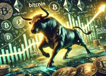 representing a bull market in the cryptocurrency space featuring a strong charging bull symbolizing the market is upward trend. The