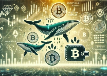 representing large scale Bitcoin transactions with visuals of whale icons symbolizing Bitcoin whales alongside Bitcoin symbols and d