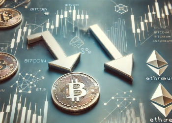 representing negative outflows from both Bitcoin and Ethereum ETFs The image should feature the Bitcoin and Ethereum symbol