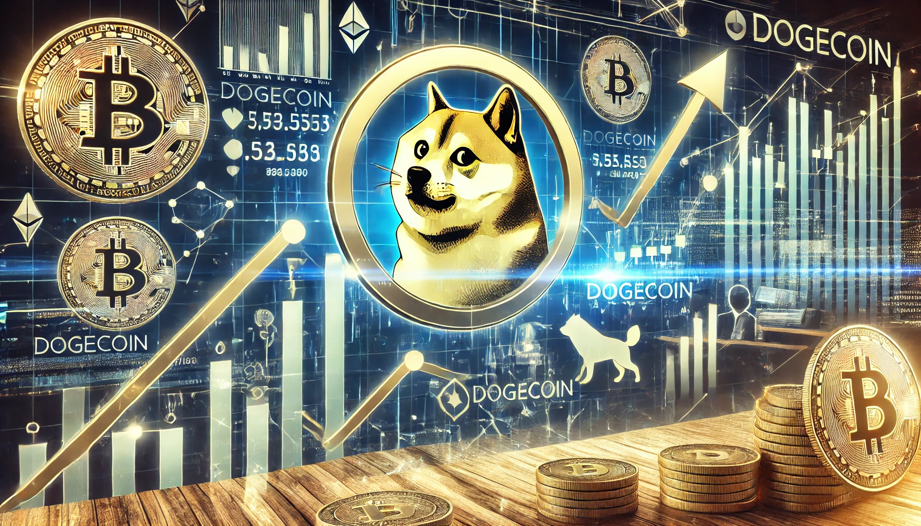 representing the analysis of Dogecoin by a well known analyst The visual should feature Dogecoins symbol prominently alongside upwa