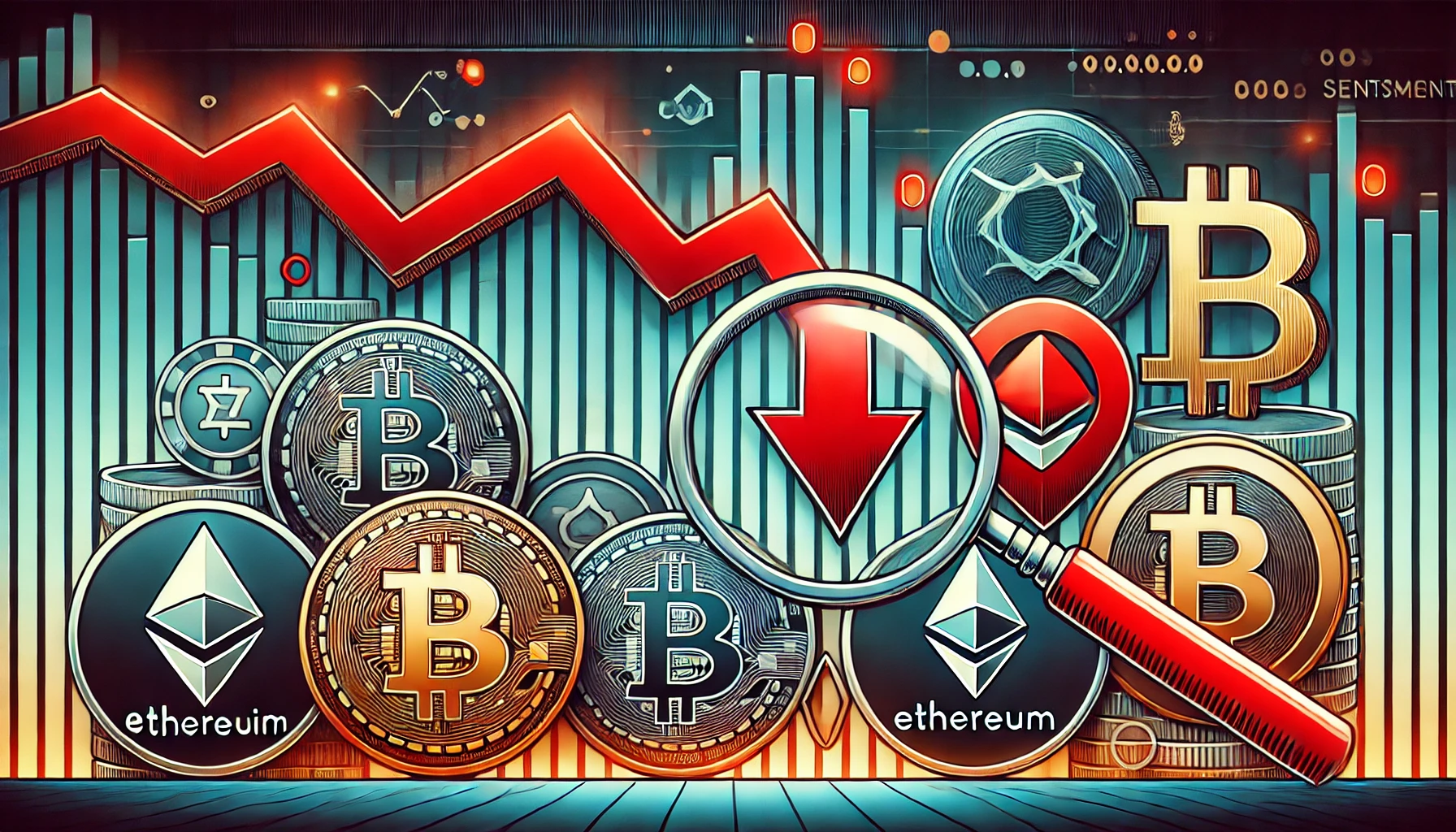 representing the analysis of cryptocurrencies with the lowest sentiment. The image features several cryptocurrency logos suc