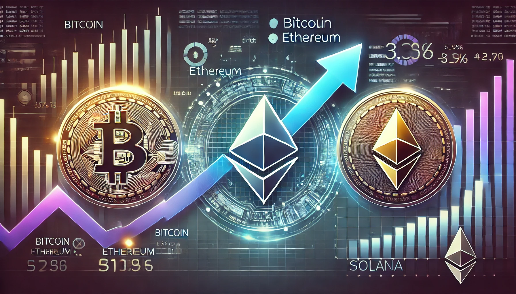 representing the analysis of major cryptocurrencies like Bitcoin Ethereum and Solana The image should feature symbols for