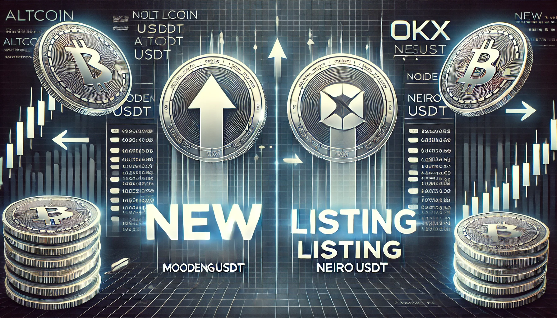 representing the announcement of new altcoin listings on OKX specifically MOODENGUSDT and NEIROUSDT The design should feature a clean d