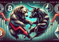 representing the battle between bears and bulls in the cryptocurrency market. The image features a large bear and a bull clashing s