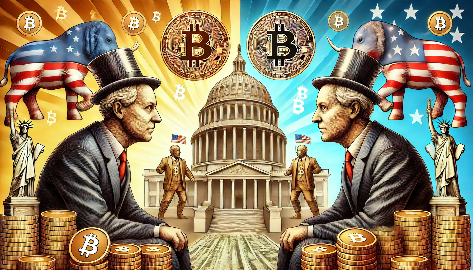 representing the clash of opinions between Peter Schiff and Michael Saylor over Bitcoin. The scene should include symbols of Bitcoin