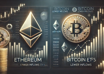 representing the comparison between Ethereum and Bitcoin ETFs focusing on financial trends and lower inflows for Ethereum ETFs