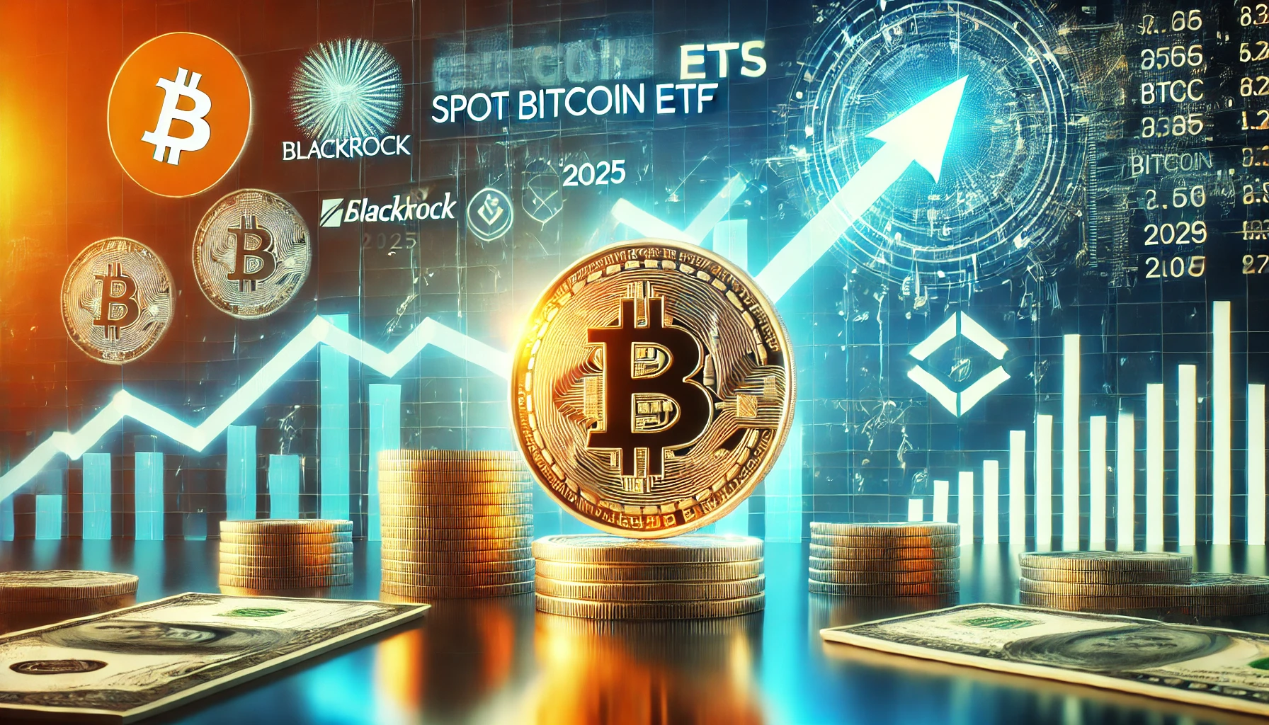 representing the growth of Spot Bitcoin ETFs featuring a digital chart showcasing their rapid rise in value with Bitcoin BTC