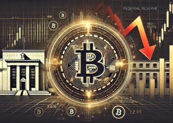 representing the impact of Fed rate cuts on Bitcoin dominance. The central focus is the Bitcoin symbol with a downward arro