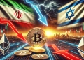 representing the impact of geopolitical tensions on cryptocurrency markets with Bitcoin and Ethereum symbols and red downward arrows