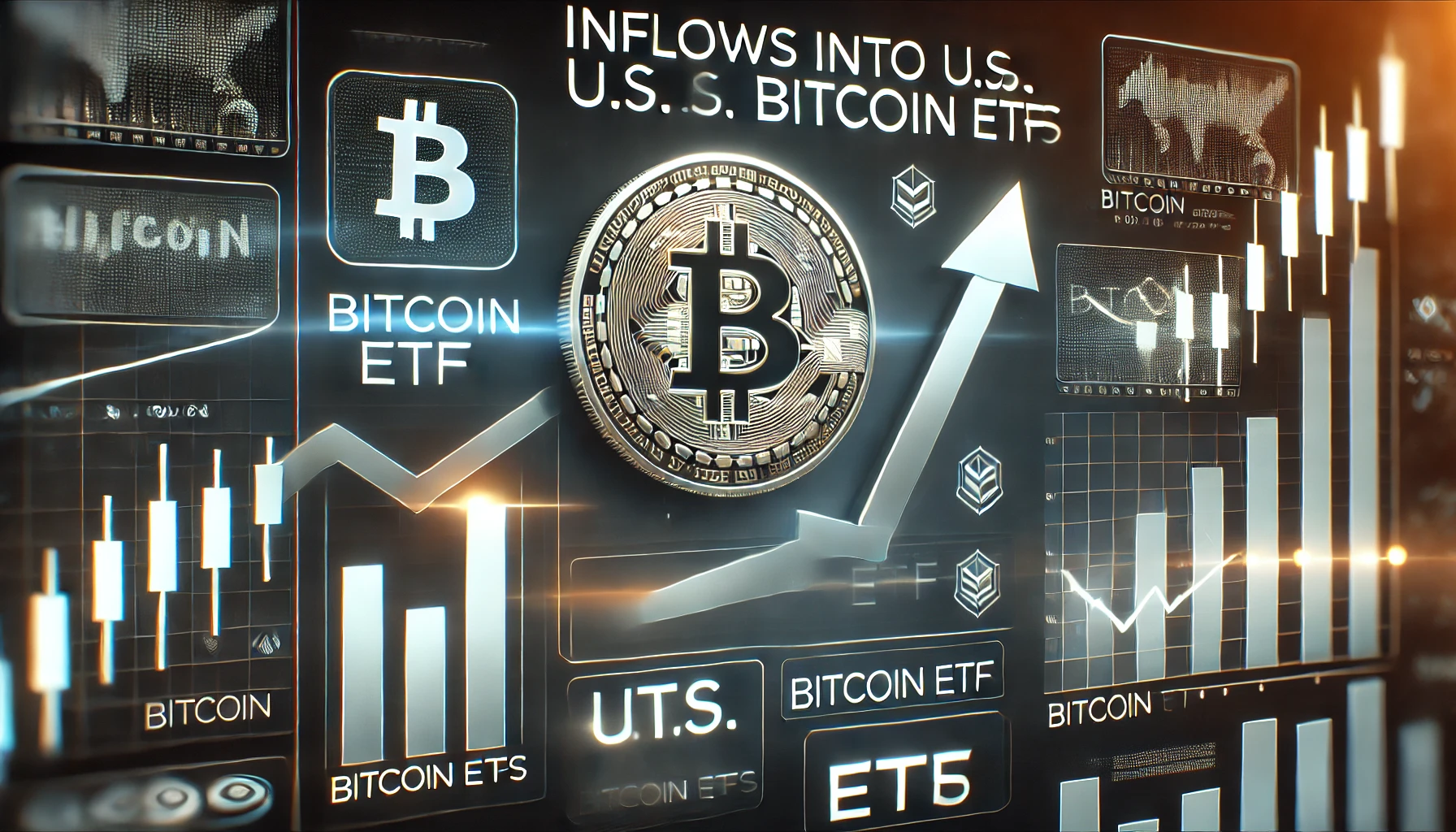 representing the inflows into US Bitcoin ETFs showing a positive market trend Include prominent Bitcoin and ETF symbols