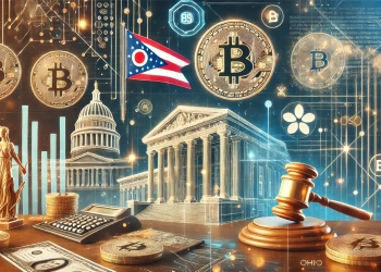 representing the integration of Bitcoin and cryptocurrency into government processes for tax payments in Ohio Include symbols of Bitc