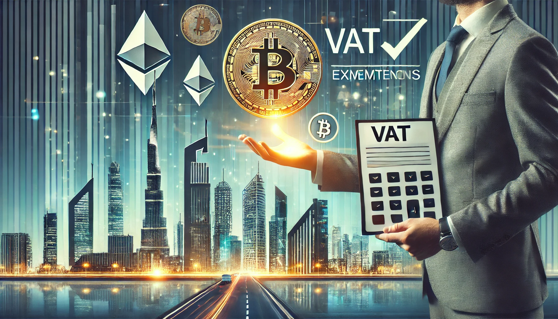 representing the introduction of VAT exemptions for cryptocurrencies in the United Arab Emirates The visual should fe