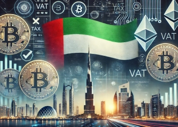 representing the introduction of VAT exemptions for cryptocurrencies in the United Arab Emirates prominently featurin