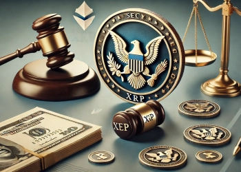 representing the legal battle between the SEC and XRP. The image features the SEC is emblem and the XRP symbol at the center